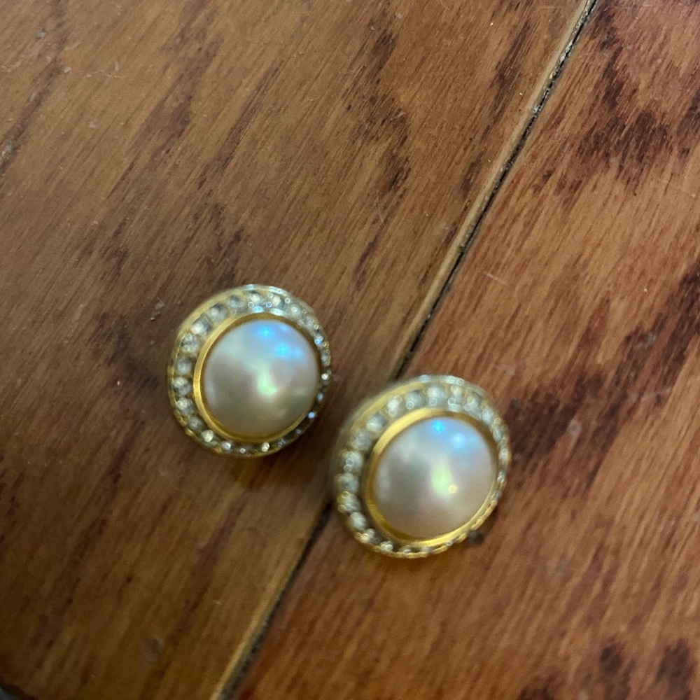 Vintage Christian Dior Pave Pearl Pierced Earrings - Picture 2 of 7